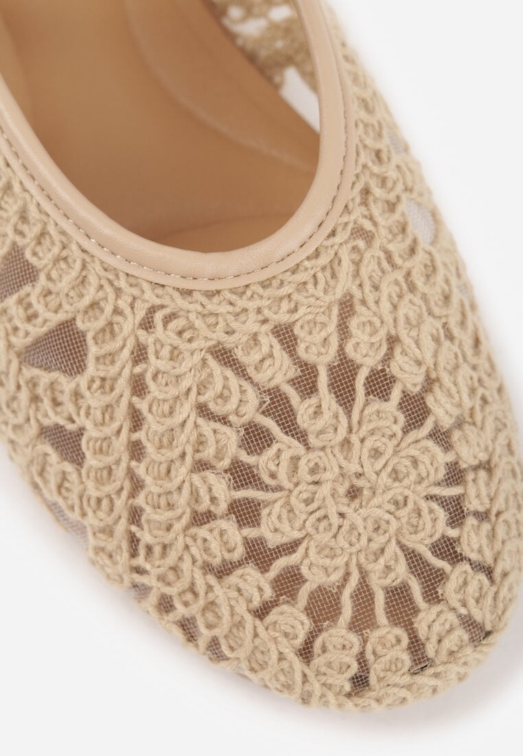Ciemnobeżowe Boho Balerinki VICES w Stylu Mary Jane z Ażurową Cholewką Lainia