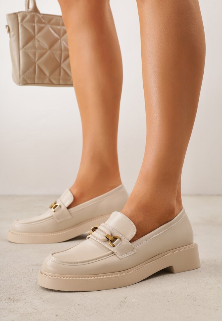 Beżowe Eleganckie Mokasyny VICES z Aplikacją i Wkładką ze Skóry Naturalnej Arinatta