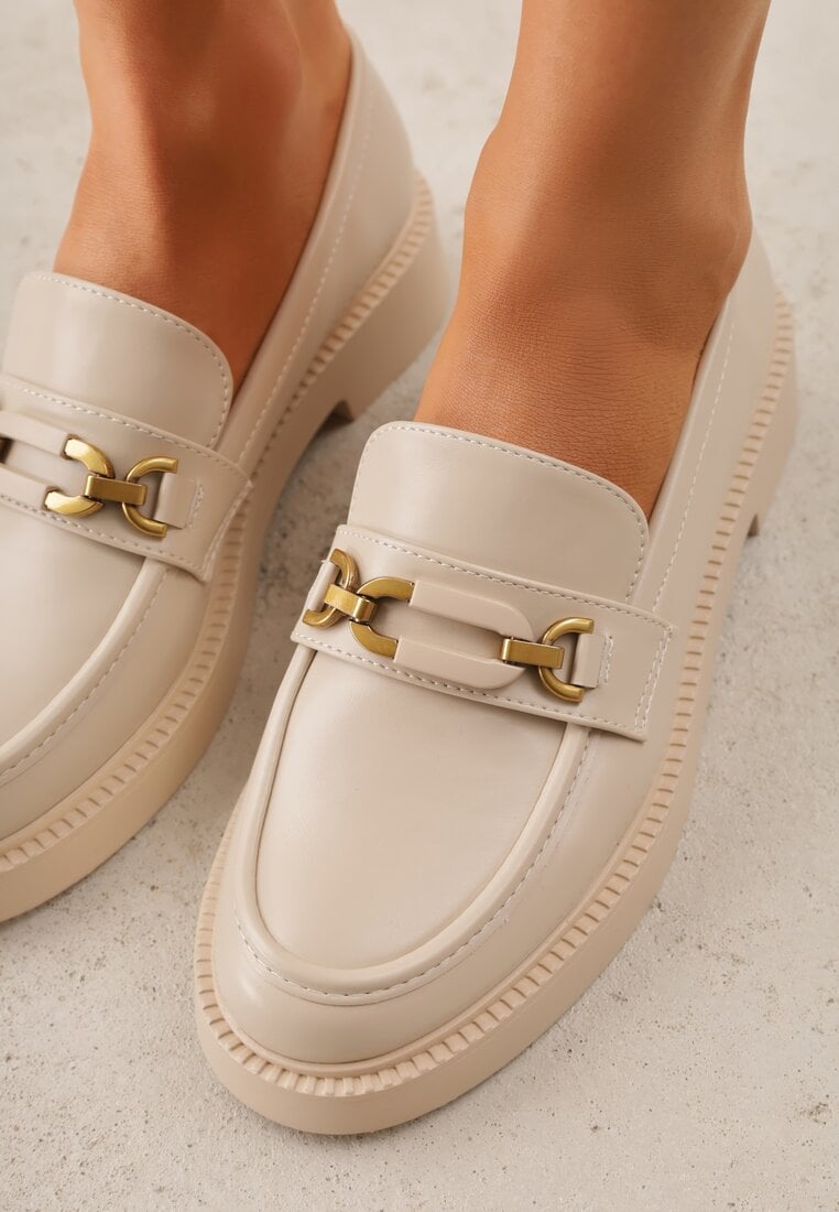 Beżowe Eleganckie Mokasyny VICES z Aplikacją i Wkładką ze Skóry Naturalnej Arinatta