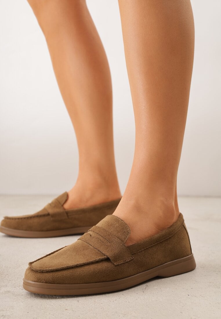 Ciemnobeżowe Mokasyny Casual VICES z Imitacji Zamszu z Wkładką ze Skóry Naturalnej Sheiris