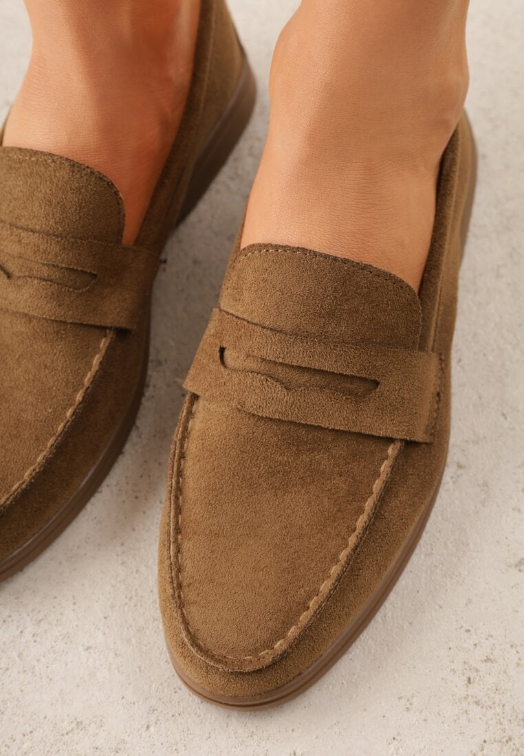 Ciemnobeżowe Mokasyny Casual VICES z Imitacji Zamszu z Wkładką ze Skóry Naturalnej Sheiris