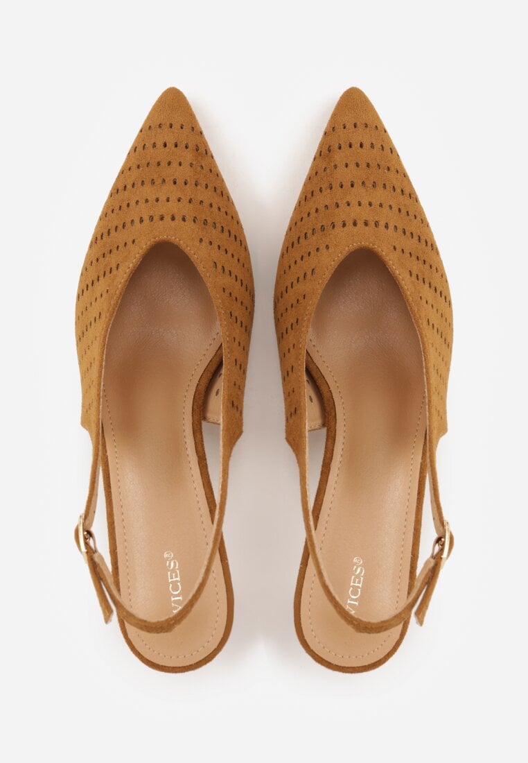 Brązowe Czółenka Slingback VICES na Kaczuszce z Ażurową Cholewką Klephei