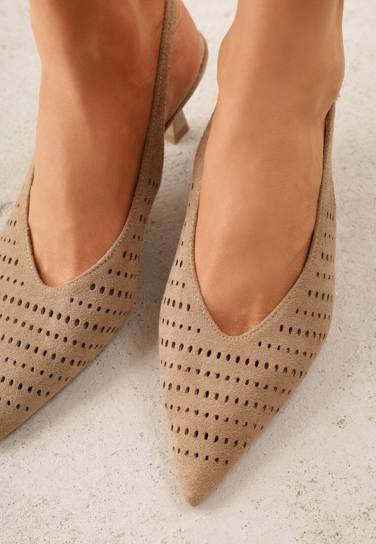 Ciemnobeżowe Czółenka Slingback VICES na Kaczuszce z Ażurową Cholewką Klephei