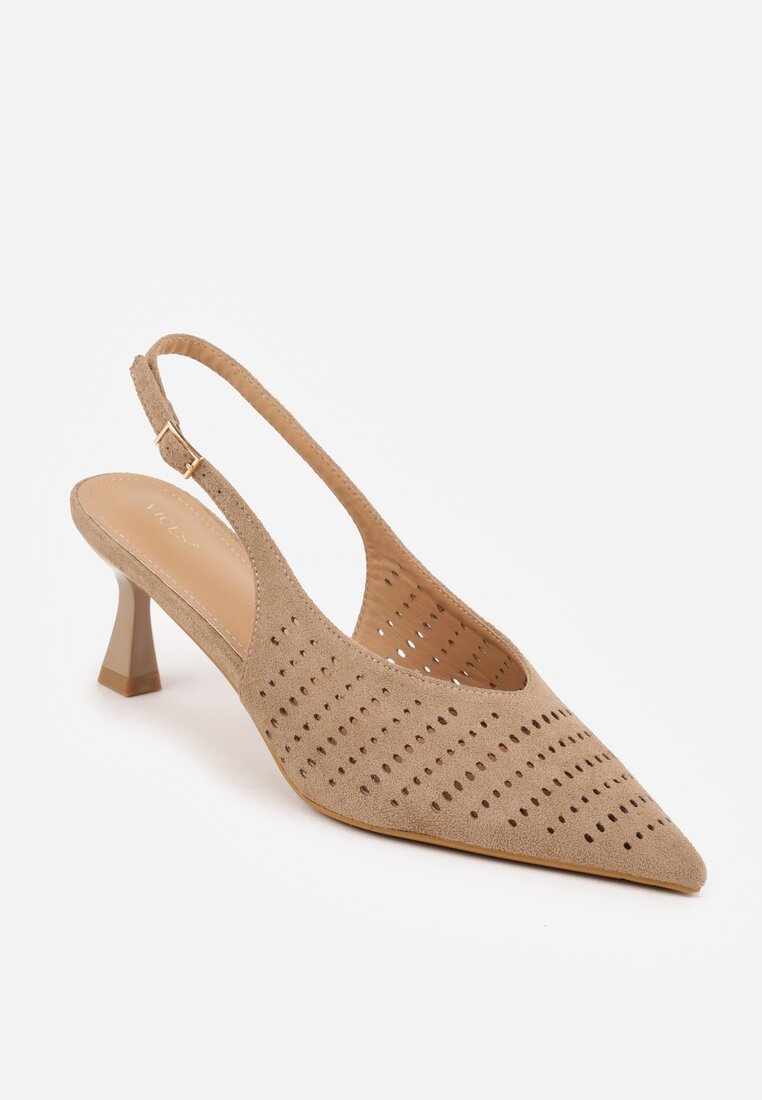 Ciemnobeżowe Czółenka Slingback VICES na Kaczuszce z Ażurową Cholewką Klephei