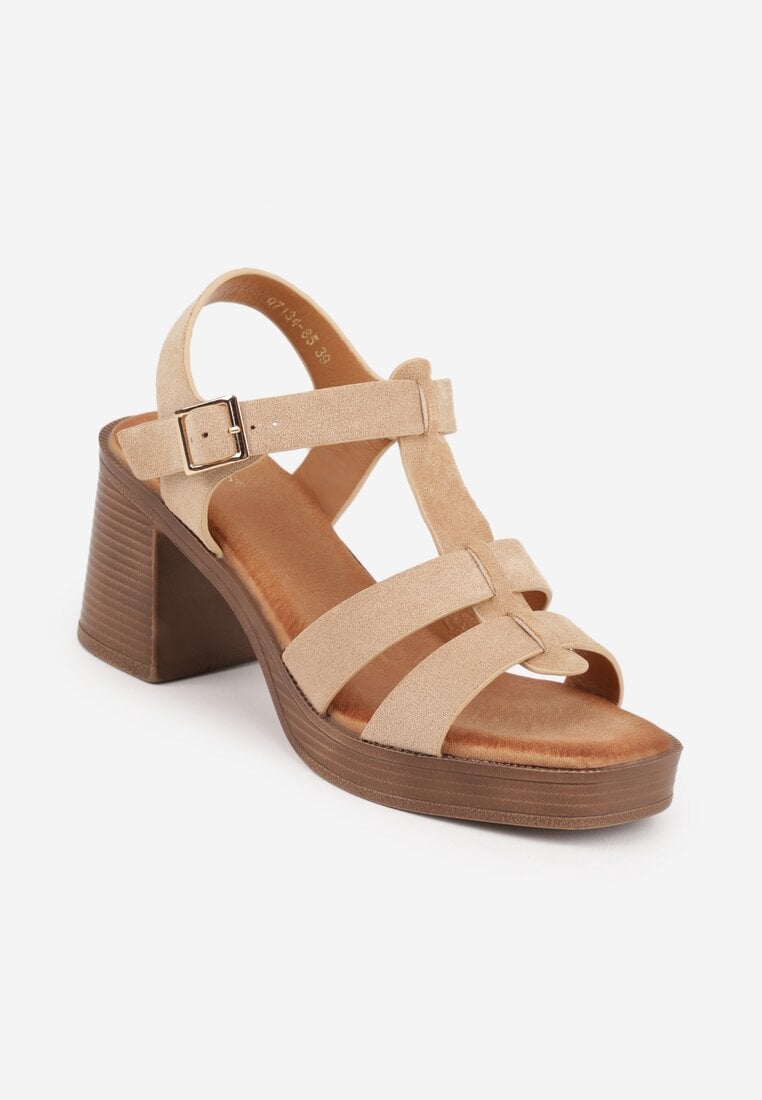 Ciemnobeżowe Sandały VICES na Słupku i Platformie z Geometrycznymi Paskami Undilis
