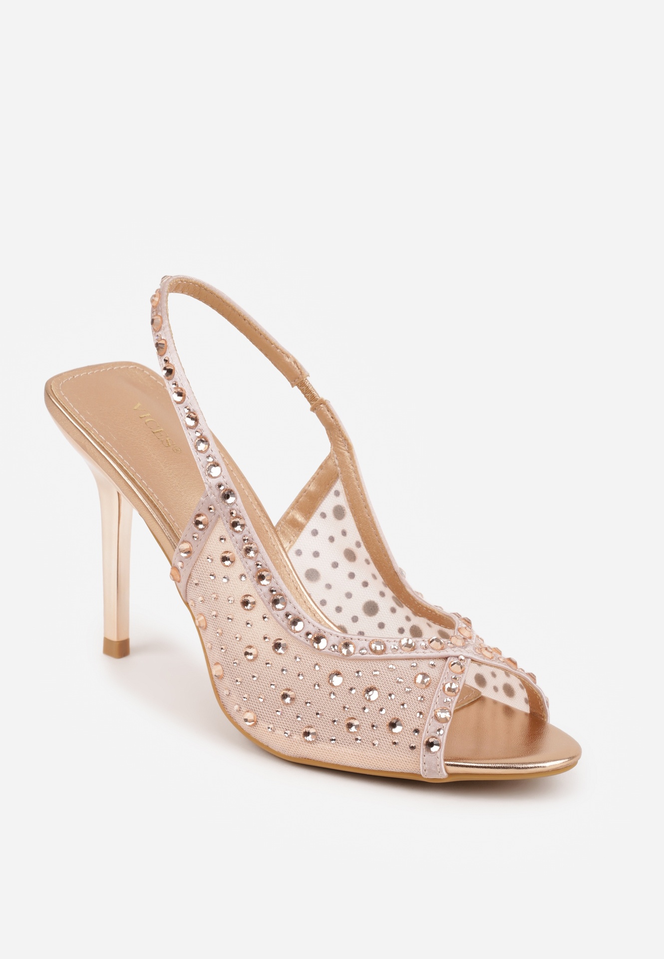 Szampańskie Siateczkowe Sandały na Szpilce VICES Ozdobione Cyroniami Amamenis