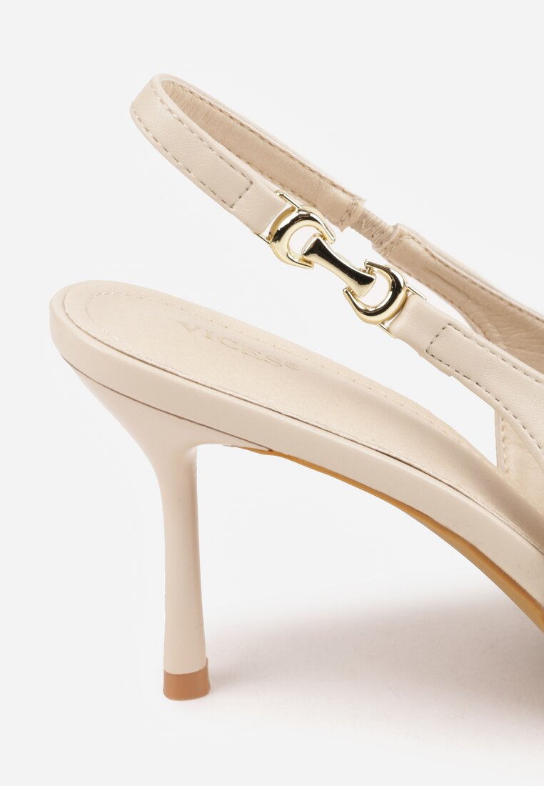 Beżowe Szpilki Slingback VICES z Cholewką z Wycięciem V Natonale