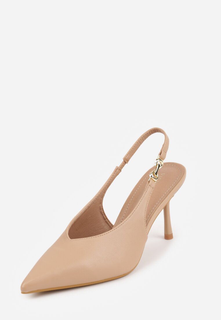 Ciemnobeżowe Szpilki Slingback VICES z Cholewką z Wycięciem V Natonale