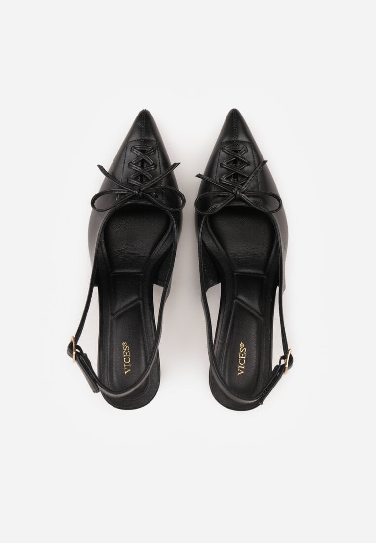 Czarne Szpilki Slingback VICES Zdobione Gorsetowym Wiązaniem z Kokardą Azimuna