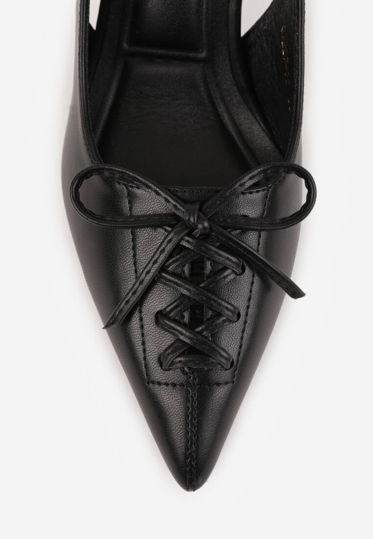Czarne Szpilki Slingback VICES Zdobione Gorsetowym Wiązaniem z Kokardą Azimuna