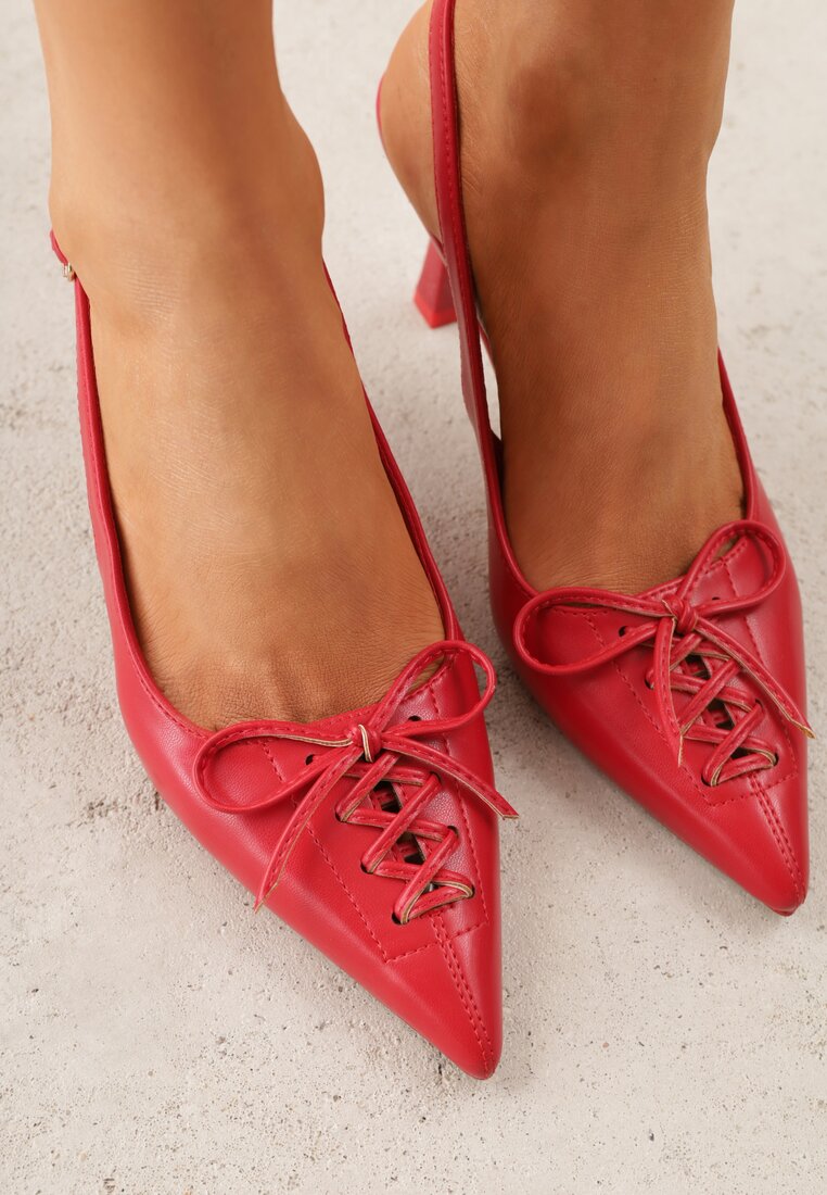 Czerwone Szpilki Slingback VICES Zdobione Gorsetowym Wiązaniem z Kokardą Azimuna