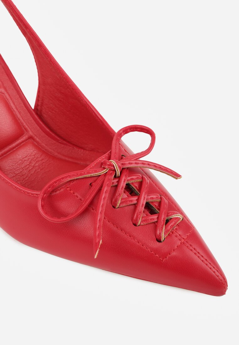 Czerwone Szpilki Slingback VICES Zdobione Gorsetowym Wiązaniem z Kokardą Azimuna