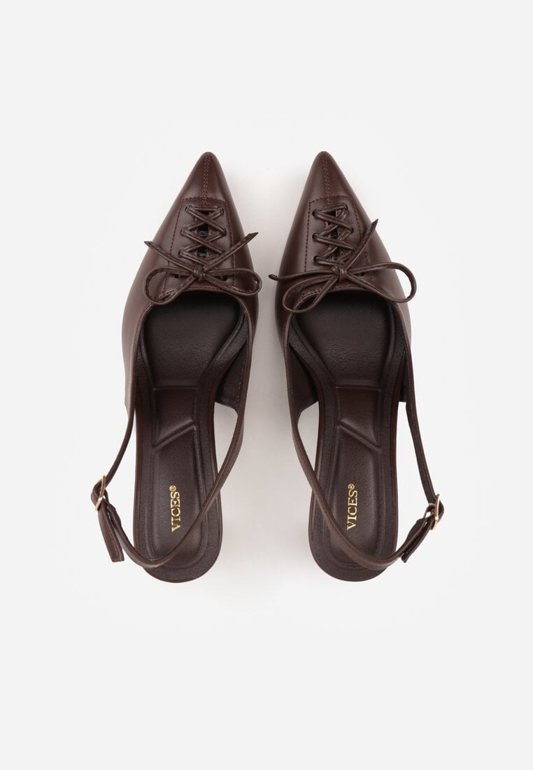 Brązowe Szpilki Slingback VICES Zdobione Gorsetowym Wiązaniem z Kokardą Azimuna