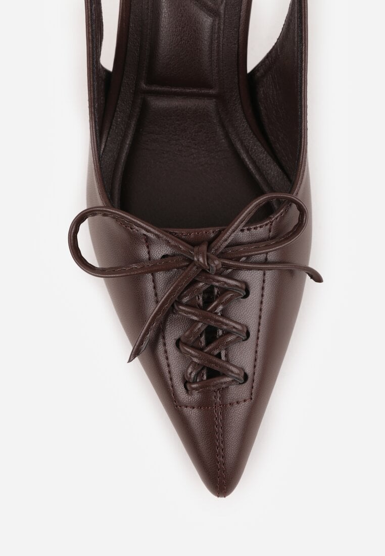 Brązowe Szpilki Slingback VICES Zdobione Gorsetowym Wiązaniem z Kokardą Azimuna