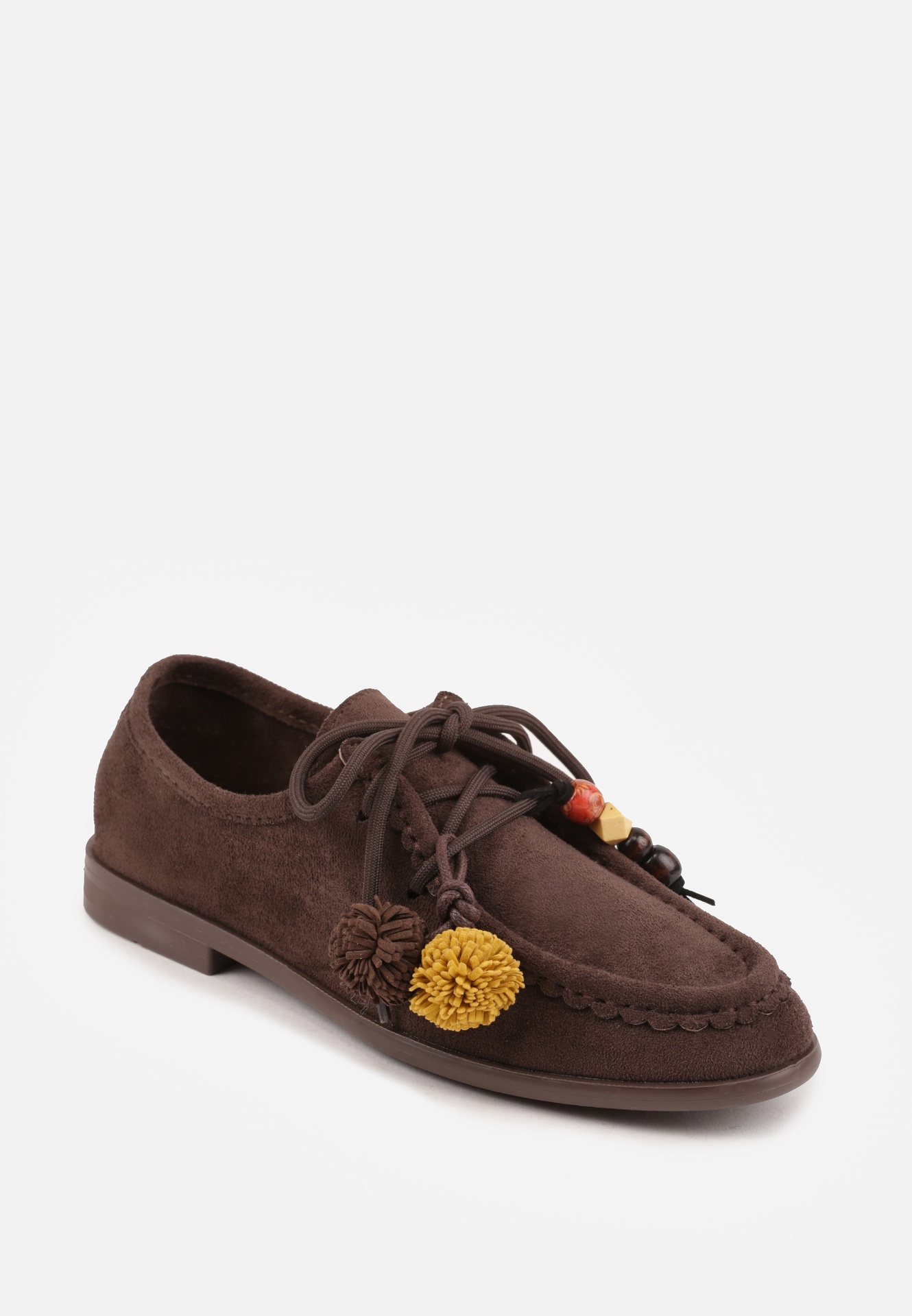 Ciemnobrązowe Mokasyny VICES ze Skórzaną Wkładką i Pomponami Loraerin