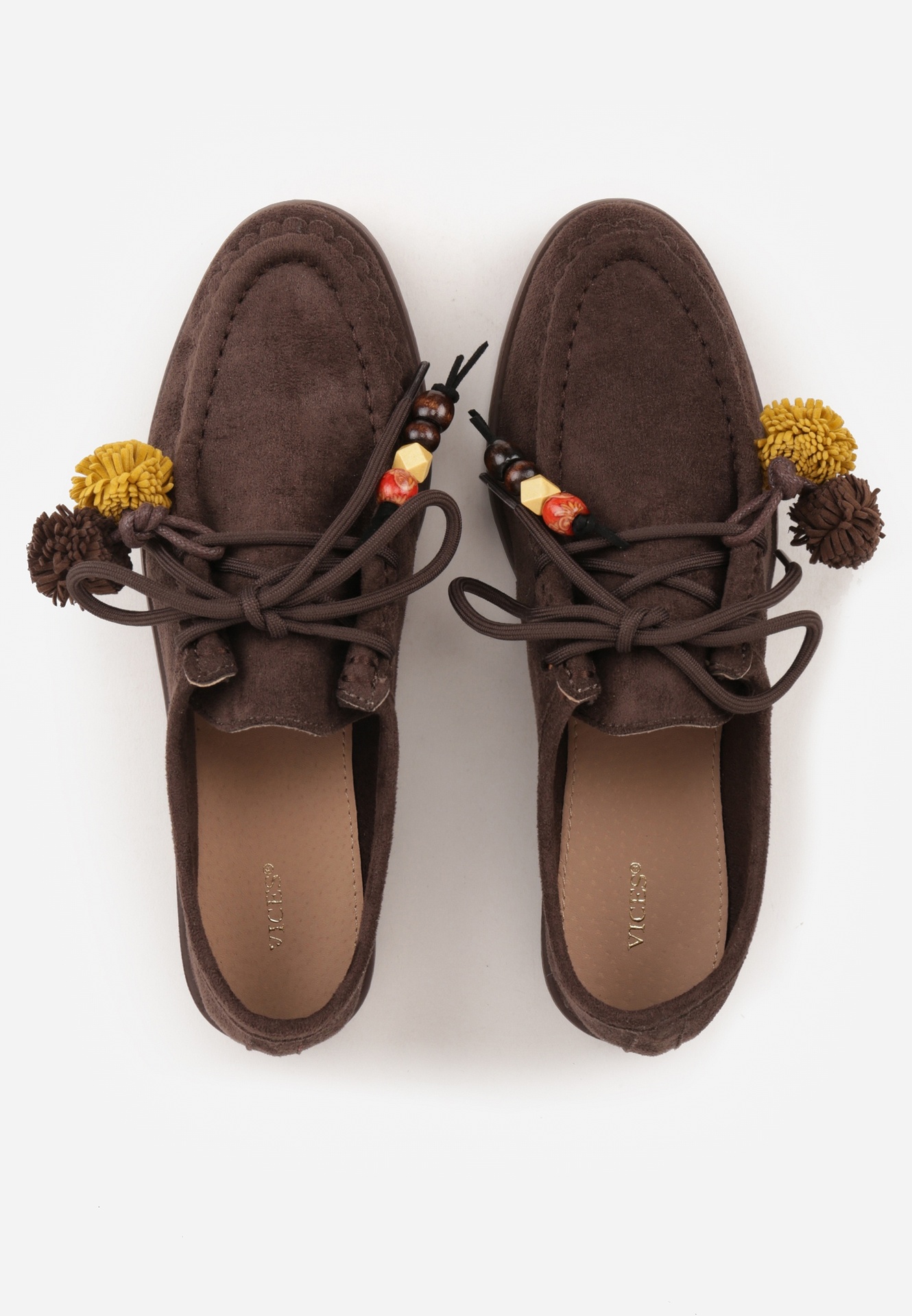 Ciemnobrązowe Mokasyny VICES ze Skórzaną Wkładką i Pomponami Loraerin