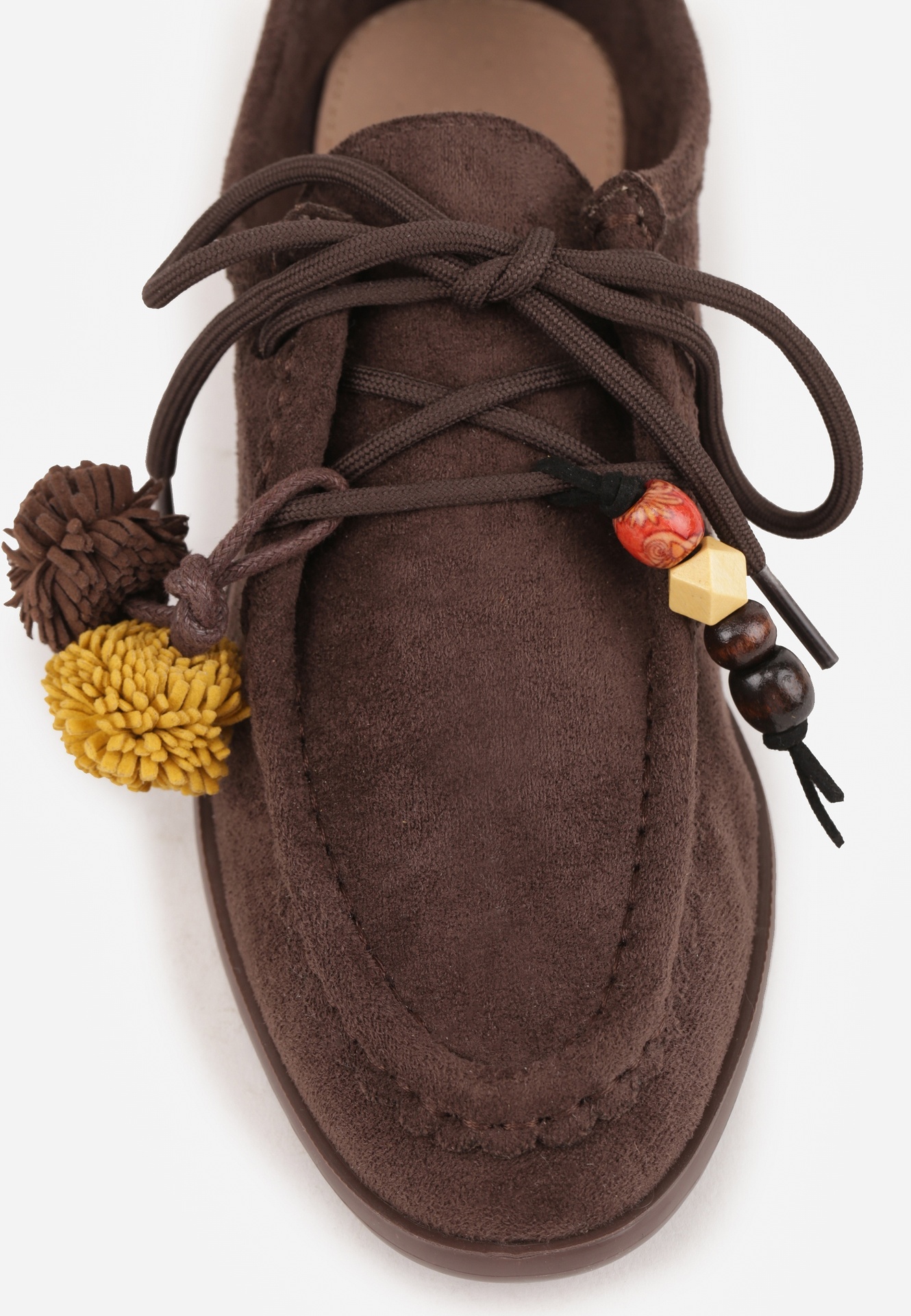 Ciemnobrązowe Mokasyny VICES ze Skórzaną Wkładką i Pomponami Loraerin