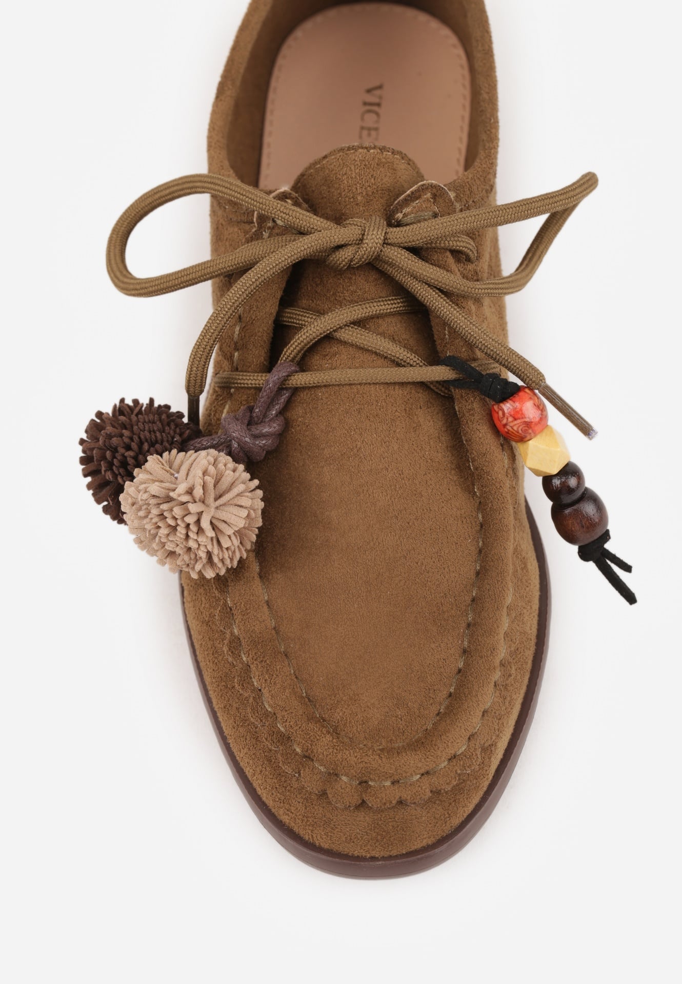 Ciemnobeżowe Mokasyny VICES ze Skórzaną Wkładką i Pomponami Loraerin