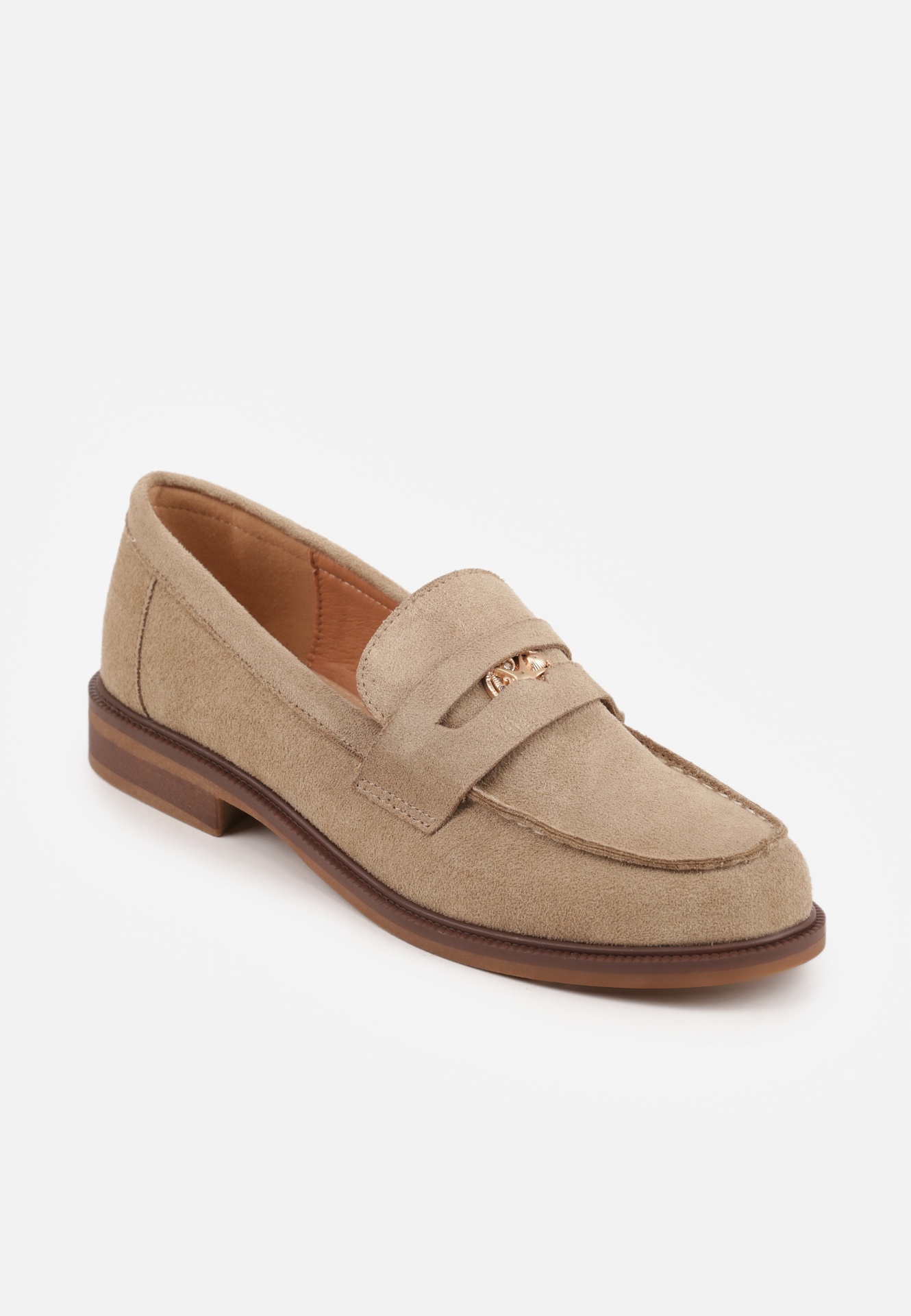 Beżowe Mokasyny VICES ze Skórzaną Wkładką i Metaliczną Ozdobą Sereisana