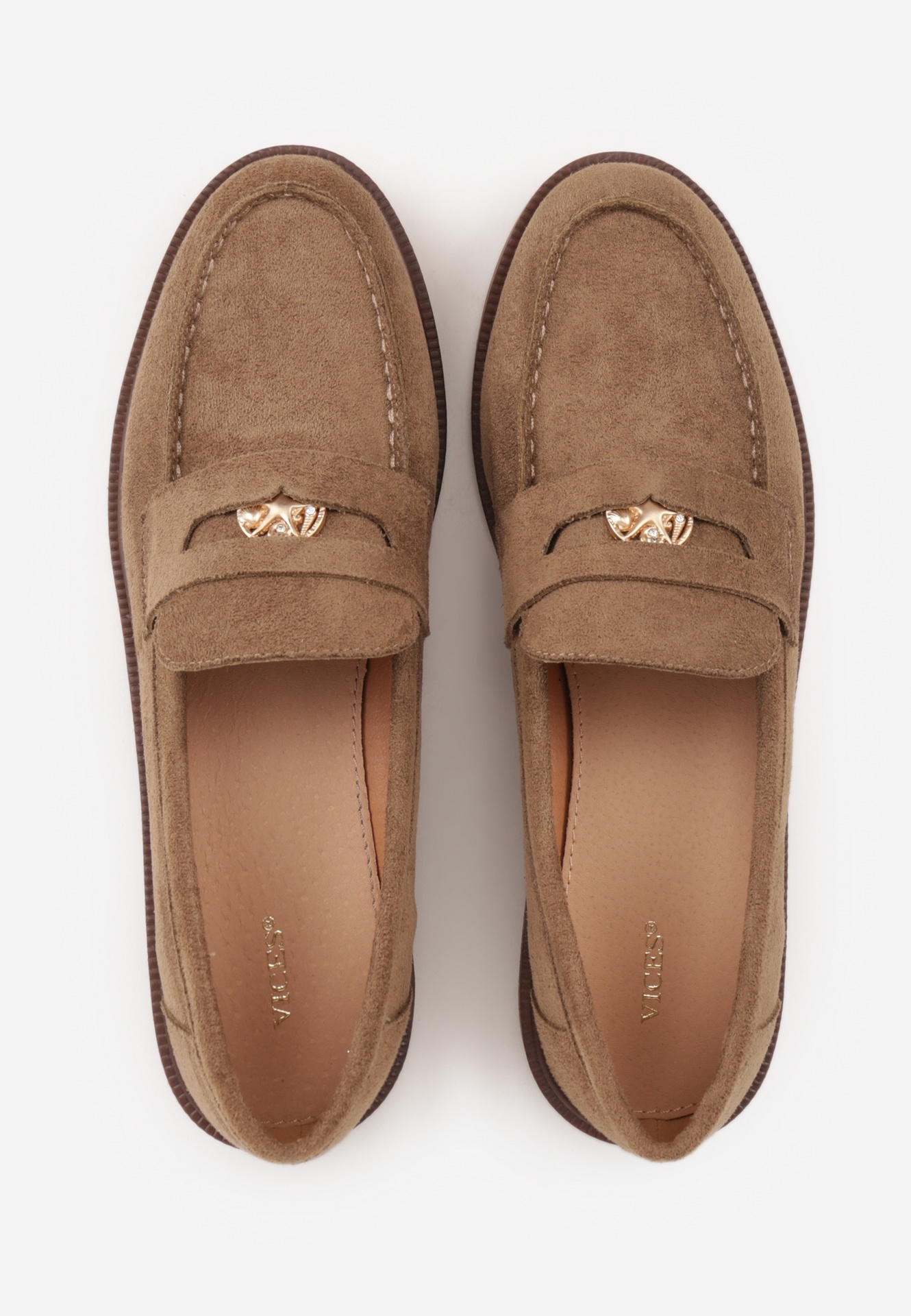 Ciemnobeżowe Mokasyny VICES ze Skórzaną Wkładką i Metaliczną Ozdobą Sereisana