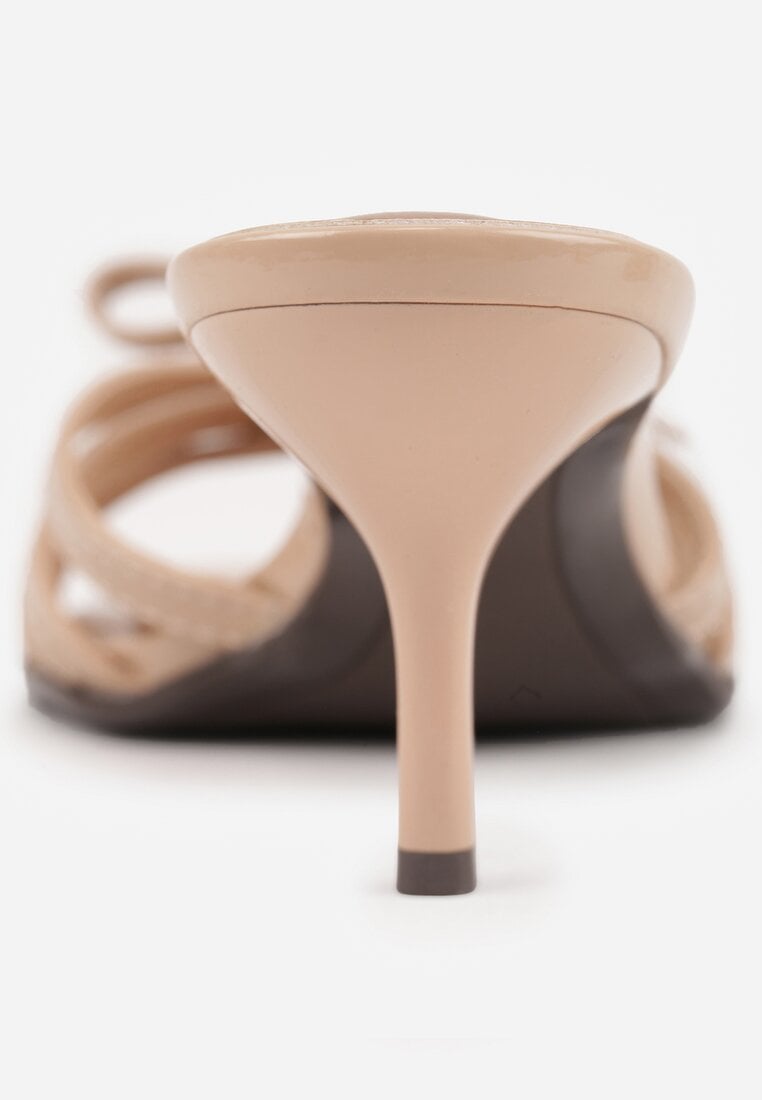 Ciemnobeżowe Klapki VICES na Obcasie Kaczuszka z Ozdobną Kokardką Hesephone