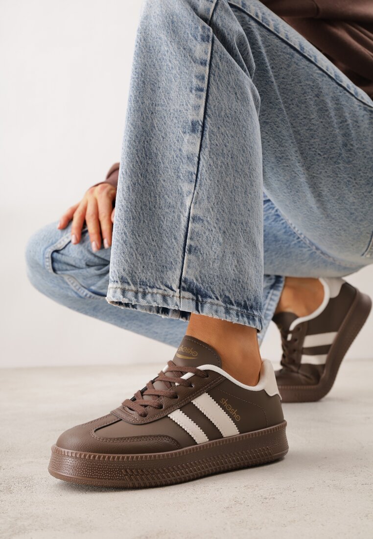 Brązowe Sneakersy Sportowe z Ozdobnymi Paskami i Przeszyciami Wenilan