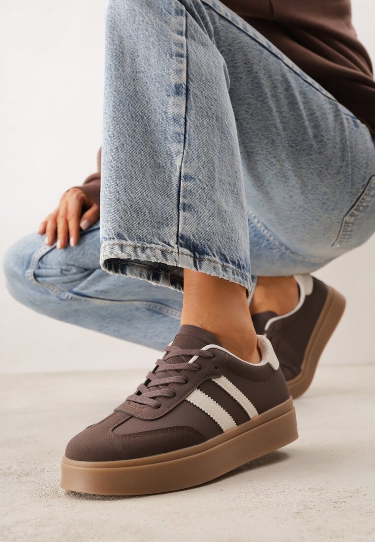 Brązowe Sneakersy VICES Typu Tenisówki na Platformie z Paskami po Bokach Zidilla