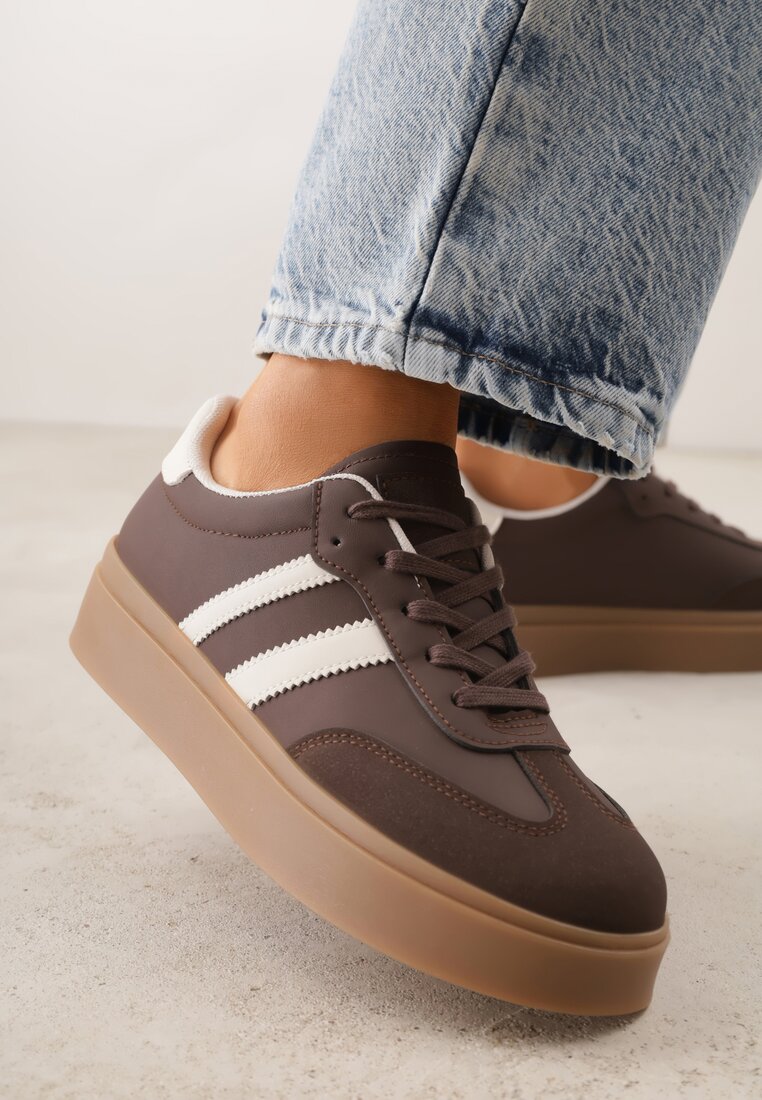 Brązowe Sneakersy VICES Typu Tenisówki na Platformie z Paskami po Bokach Zidilla