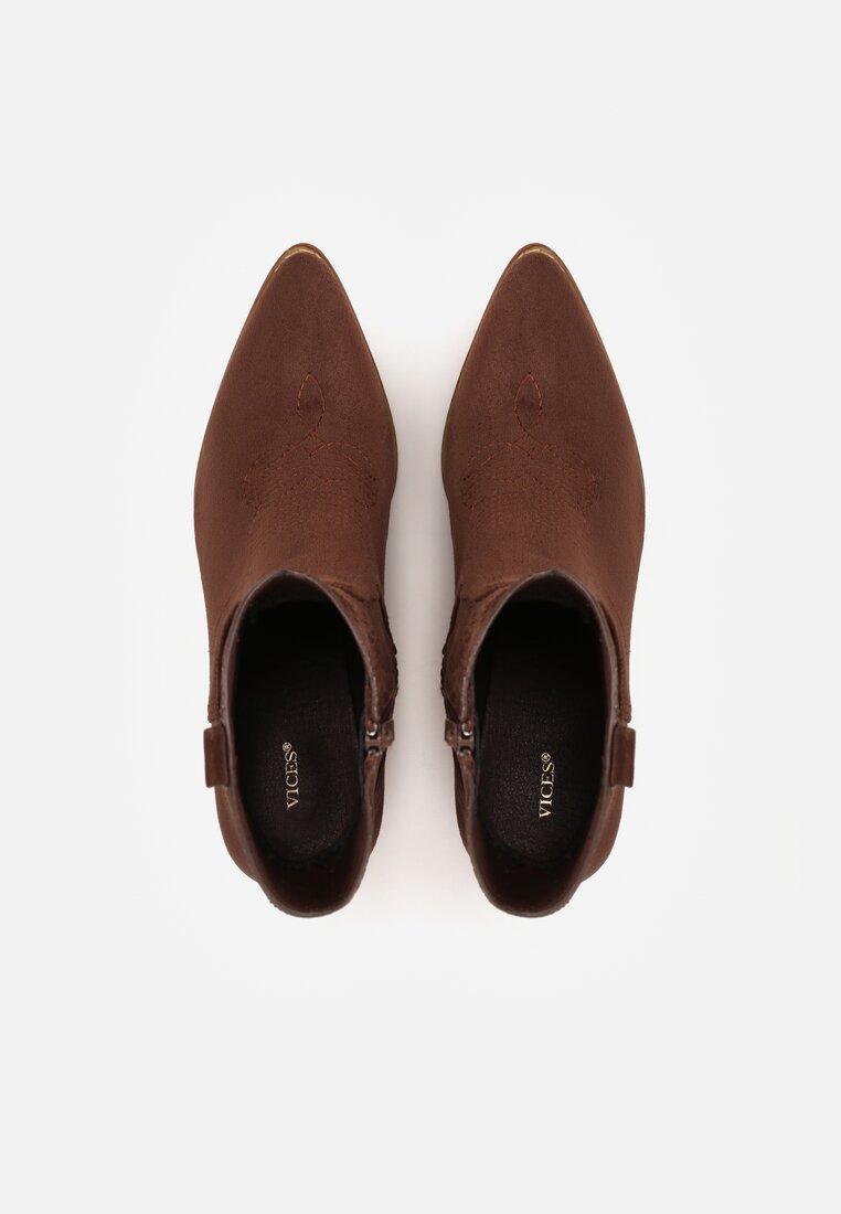 Brązowe Botki Kowbojki Vices na Słupku z Ażurową Cholewką Elfedi