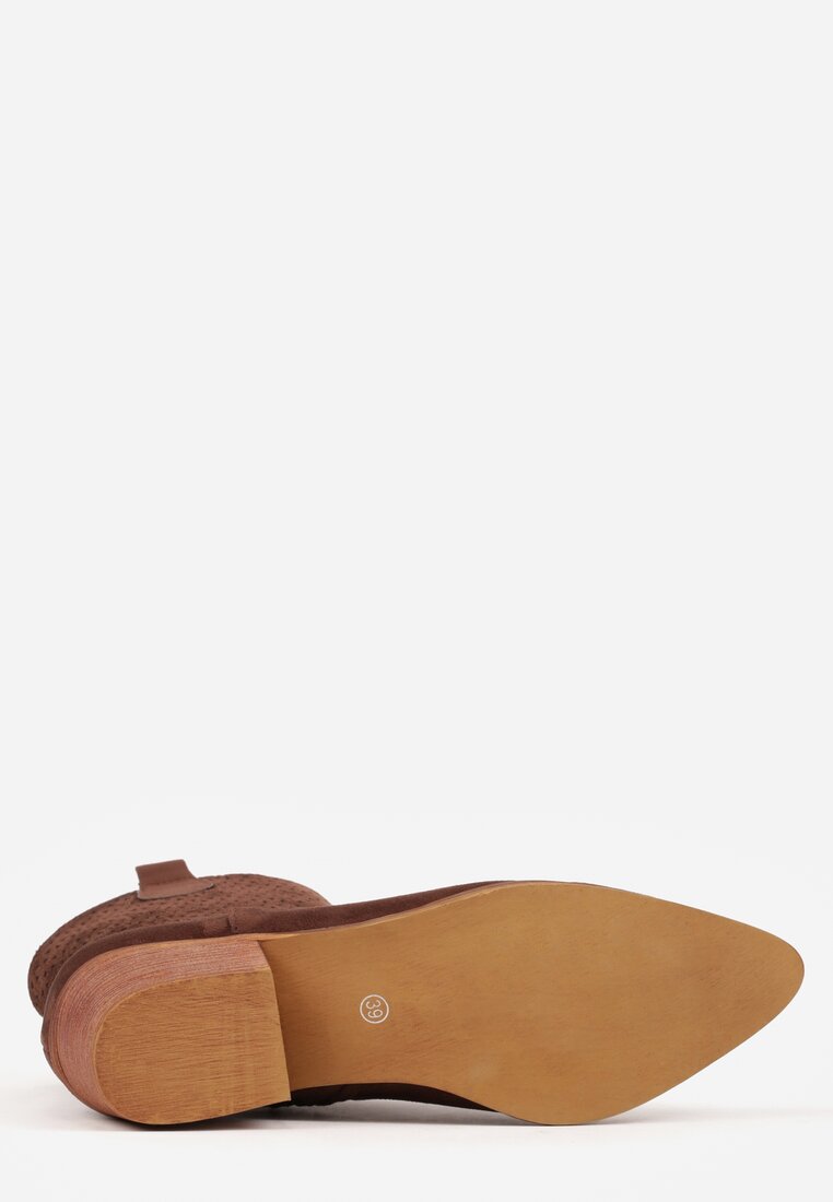 Brązowe Botki Kowbojki Vices na Słupku z Ażurową Cholewką Elfedi