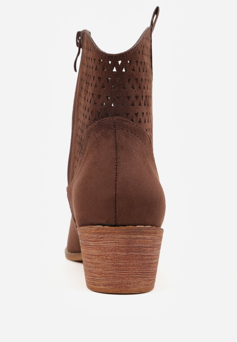 Brązowe Botki Kowbojki Vices na Słupku z Ażurową Cholewką Elfedi