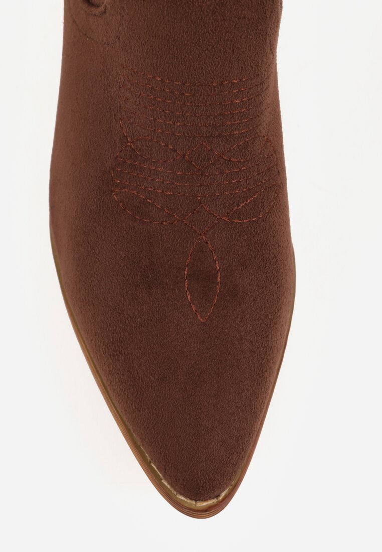 Brązowe Botki Kowbojki Vices na Słupku z Ażurową Cholewką Elfedi