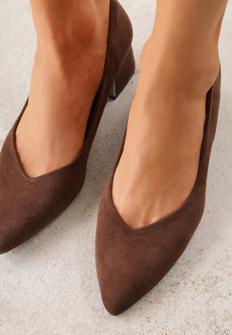 Brązowe Czółenka Vices na Słupku z Imitacji Zamszu z Wkładką ze Skóry Naturalnej z Metaliczną Ozdobą Mixin
