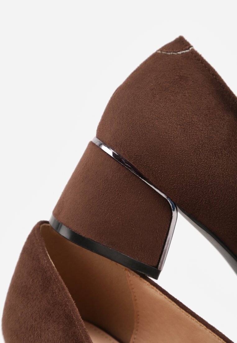 Brązowe Czółenka Vices na Słupku z Imitacji Zamszu z Wkładką ze Skóry Naturalnej z Metaliczną Ozdobą Mixin
