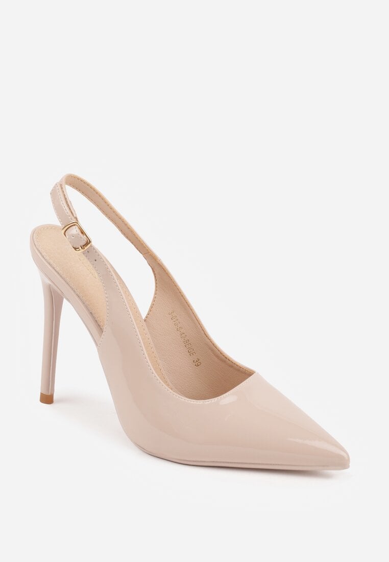 Beżowe Szpilki Slingback VICES z Lakierowanym Połyskiem i Skórzaną Wkładką Marinja