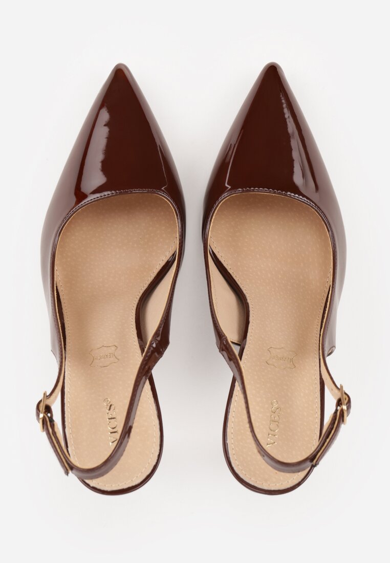 Brązowe Szpilki Slingback VICES z Lakierowanym Połyskiem i Skórzaną Wkładką Marinja