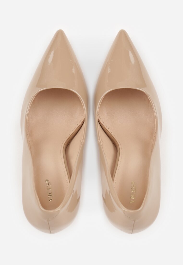 Ciemnobeżowe Lakierowane Szpilki VICES na Ozdobnym Obcasie Zafriah