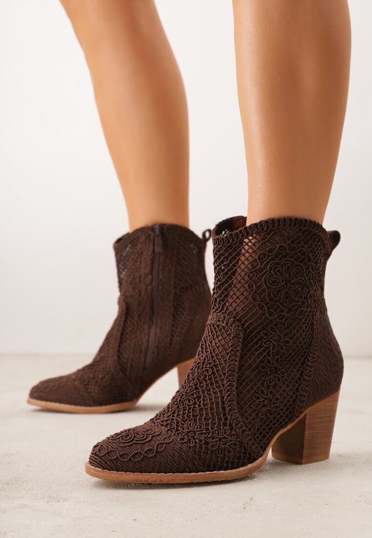 Brązowe Ażurowe Botki Kowbojki VICES na Stożkowym Obcasie Natesela