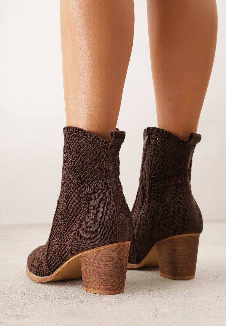 Brązowe Ażurowe Botki Kowbojki VICES na Stożkowym Obcasie Natesela
