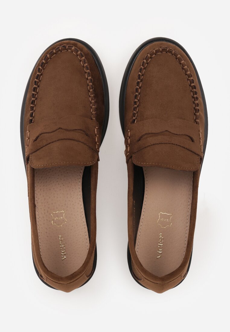 Ciemnobrązowe Mokasyny VICES z Wkładką ze Skóry Naturalnej i Przeszyciami Astanie