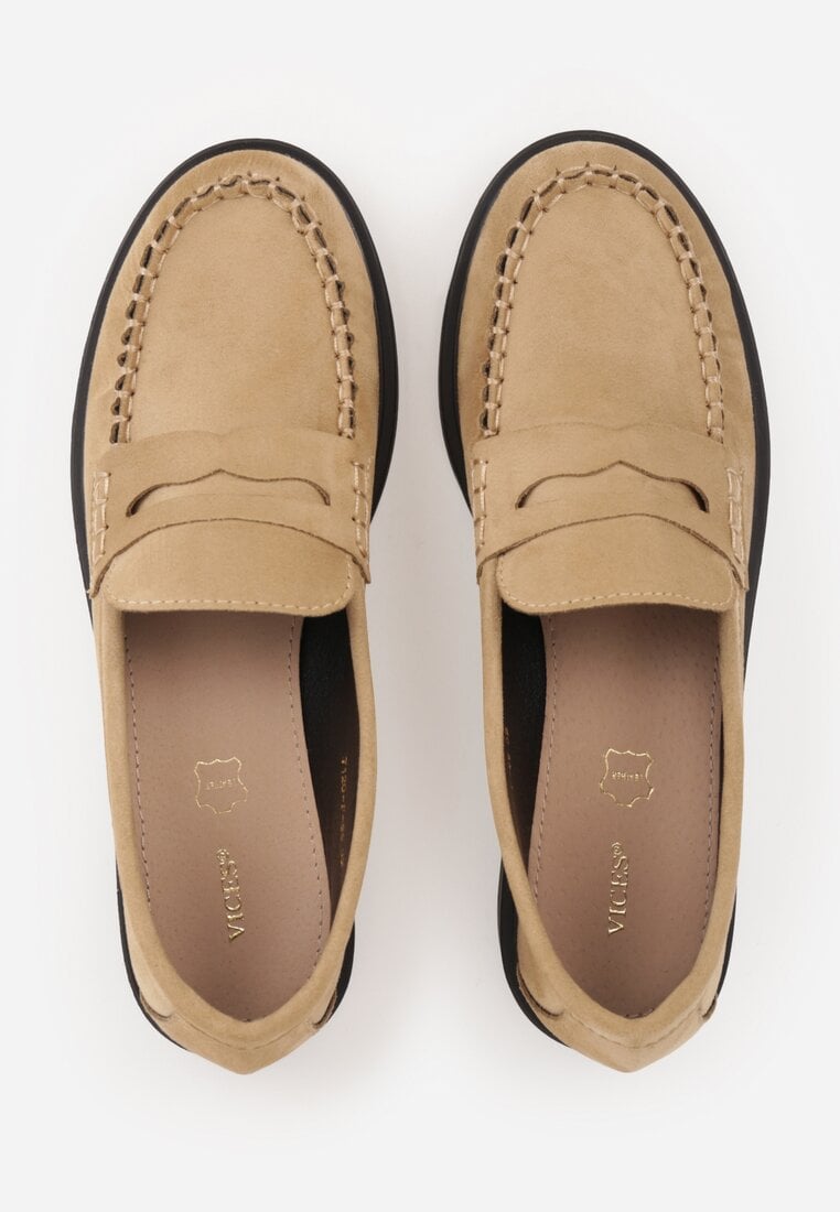 Beżowe Mokasyny VICES z Wkładką ze Skóry Naturalnej i Przeszyciami Astanie