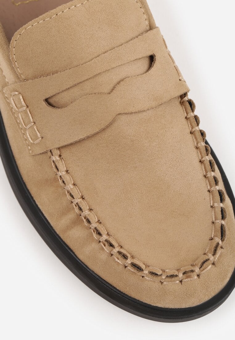 Beżowe Mokasyny VICES z Wkładką ze Skóry Naturalnej i Przeszyciami Astanie