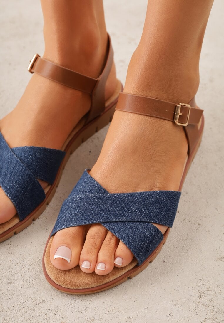 Niebieskie Płaskie Sandały VICES z Cholewką ze Skrzyżowanymi Paskami Emelika