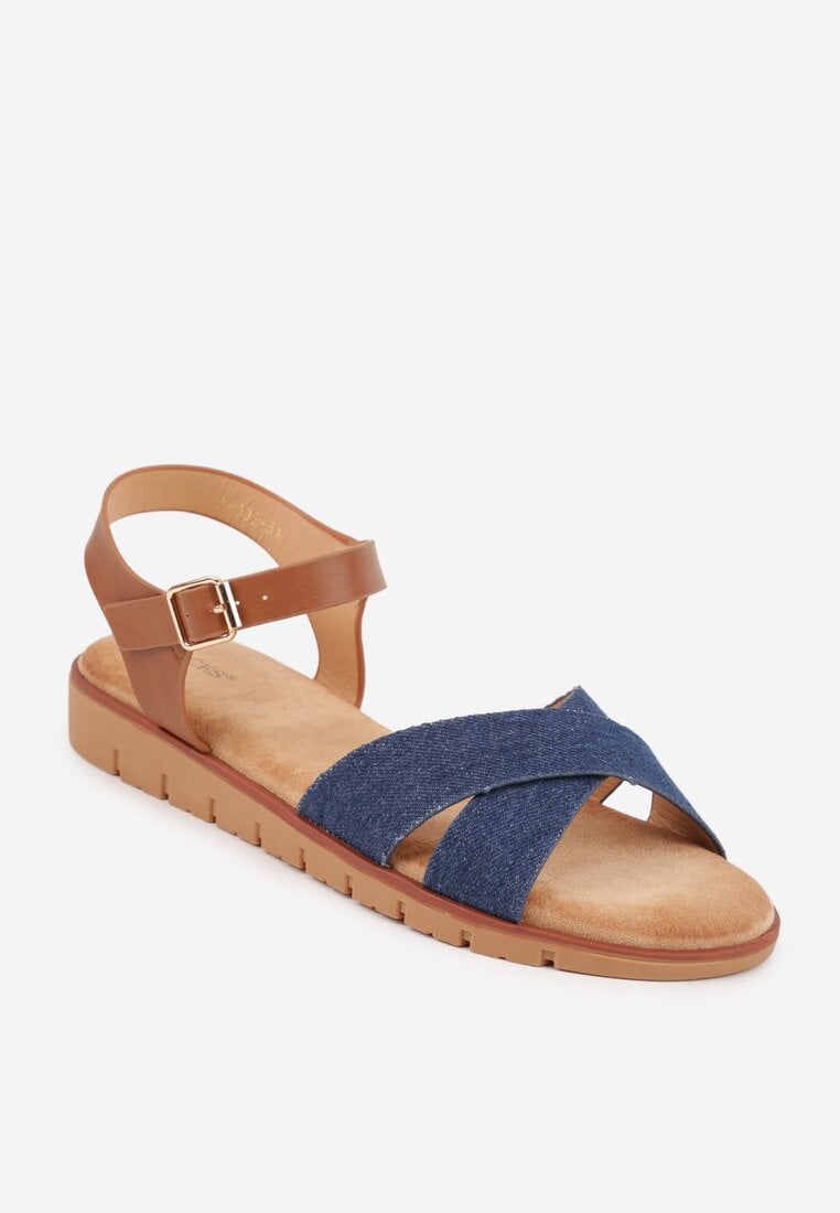 Niebieskie Płaskie Sandały VICES z Cholewką ze Skrzyżowanymi Paskami Emelika