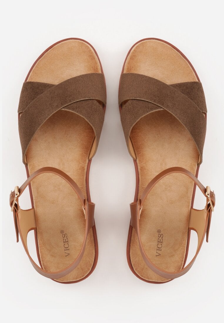 Brązowe Płaskie Sandały VICES z Cholewką ze Skrzyżowanymi Paskami Emelika