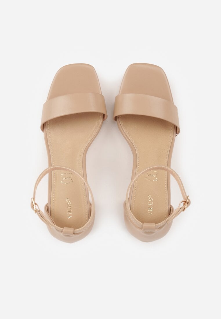 Ciemnobeżowe Sandały VICES na Słupkowym Obcasie ze Skórzaną Wkładką Azimera