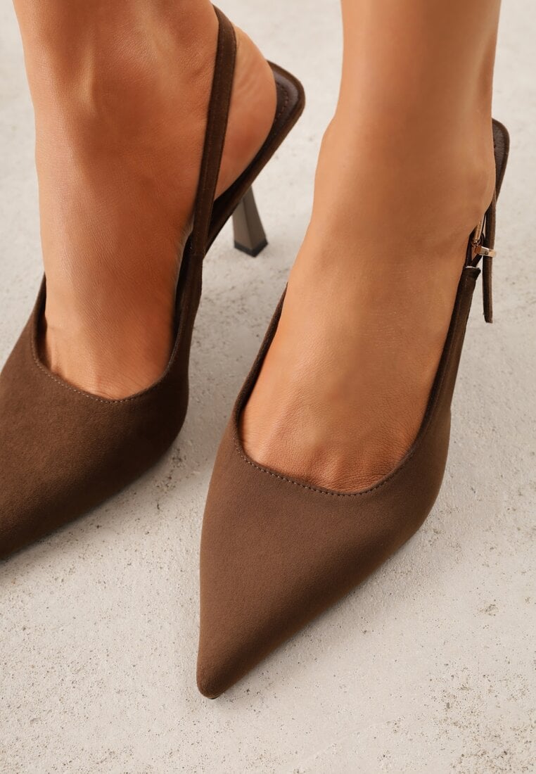 Brązowe Szpilki Slingback VICES z Imitacji Zamszu z Prostokątną Klamerką Natuma
