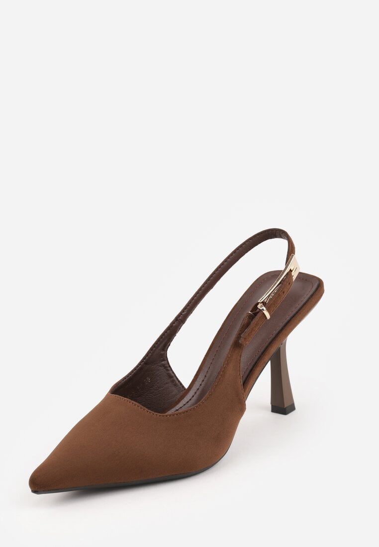 Brązowe Szpilki Slingback VICES z Imitacji Zamszu z Prostokątną Klamerką Natuma