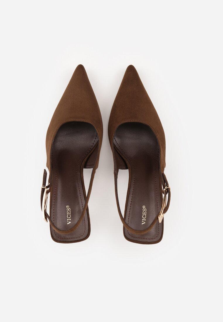 Brązowe Szpilki Slingback VICES z Imitacji Zamszu z Prostokątną Klamerką Natuma
