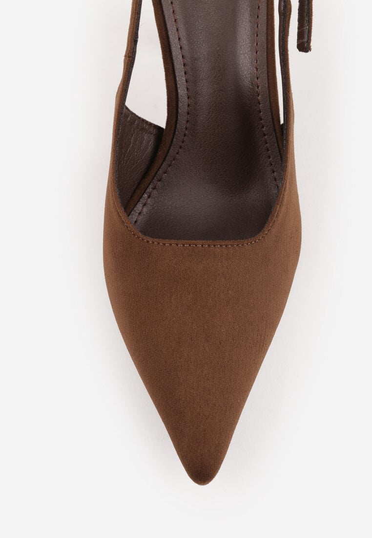 Brązowe Szpilki Slingback VICES z Imitacji Zamszu z Prostokątną Klamerką Natuma